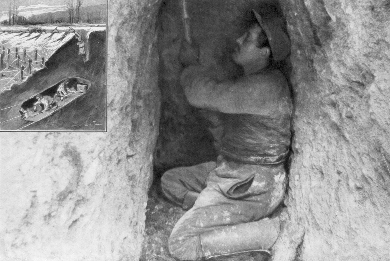 En fransk sapper som gräver en tunnel för att placera en mina under fiendens linjer, Frankrike, 1915 av Unbekannt