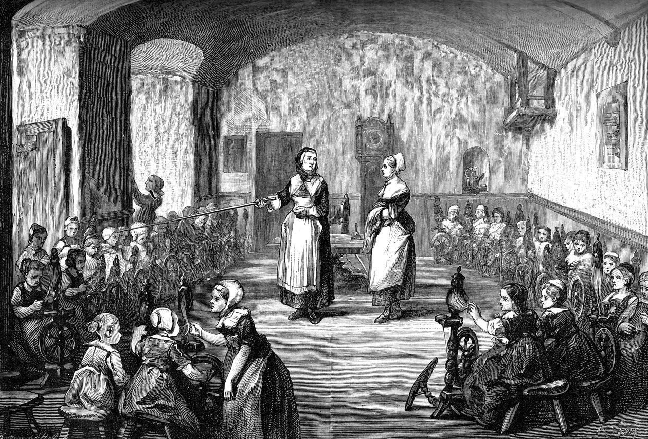 En tysk spinnskola, c1880 av Unbekannt