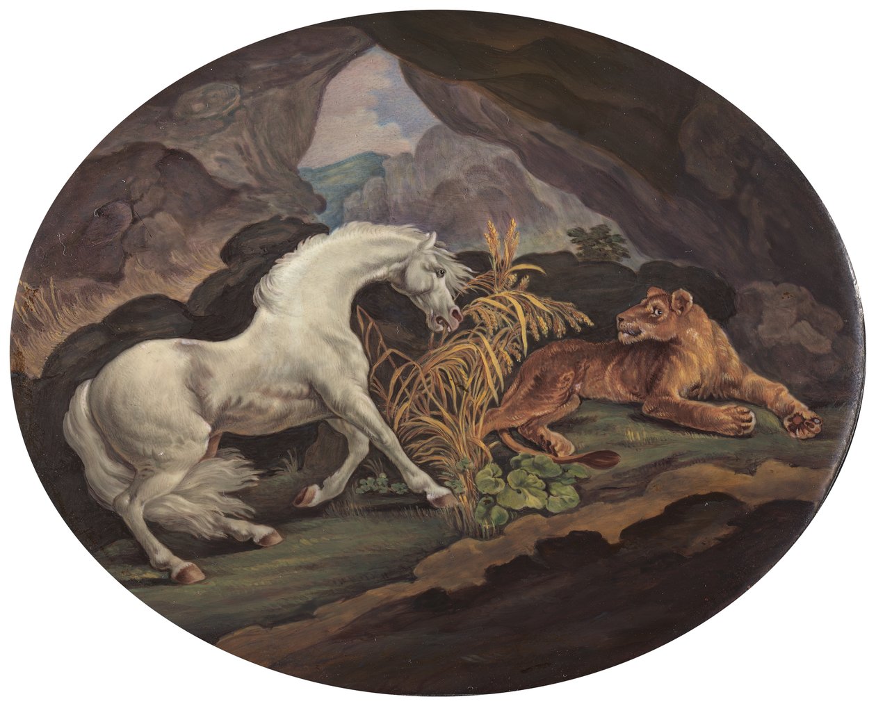 En häst skrämd av en lejoninna, ca. 1800. av Unbekannt
