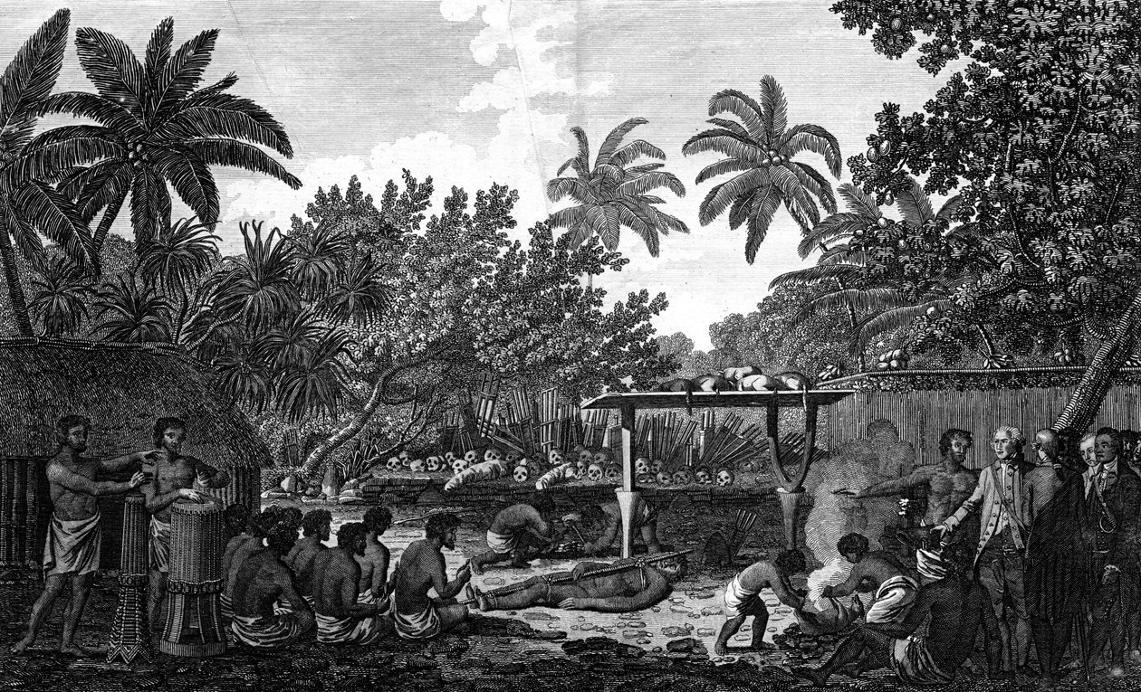Ett människooffer i en Morai, i Otaheite, i närvaro av kapten Cook, c1773 av Unbekannt