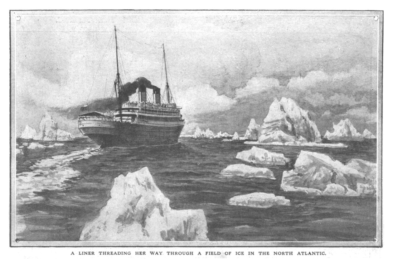 Ett liner som trär sig genom ett isfält i Nordatlanten, 20 april 1912. av Unbekannt