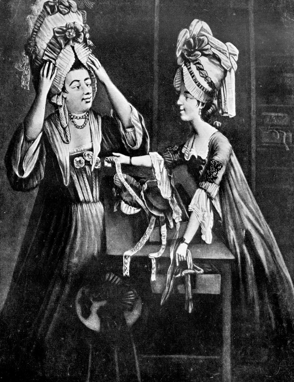 A Milliners Shop, Mrs Monopolise, slaktarens fru, köper en modern huvudklänning, 1772 av Unbekannt