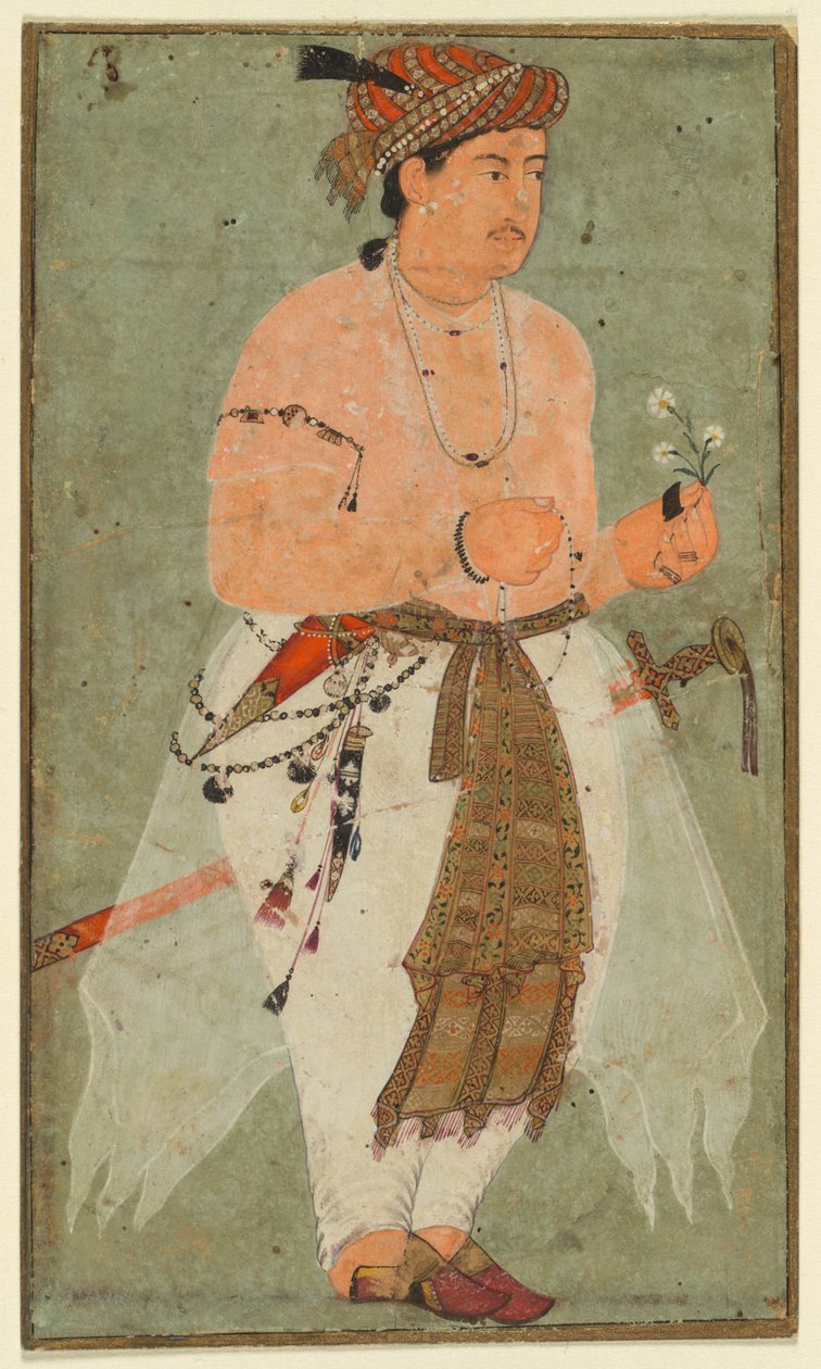 A Mughal Prince, Perhaps Danyal, Håller en kvist av blommor, ca. 1580-1590. av Unbekannt