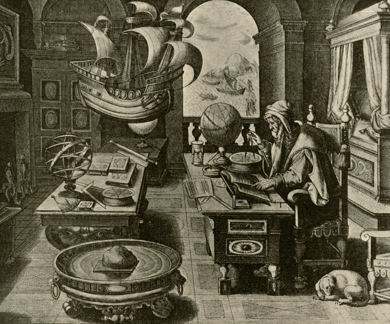 En navigeringsexpert på jobbet i hans studie med glob och kompass, c1591, 1928. av Unbekannt
