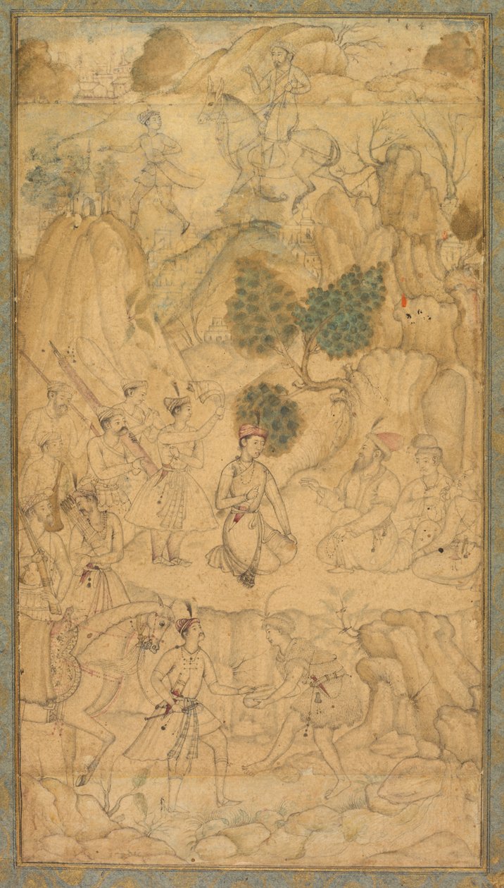 En prins som besöker en helig man i ett stenigt landskap, ca. 1590. av Unbekannt