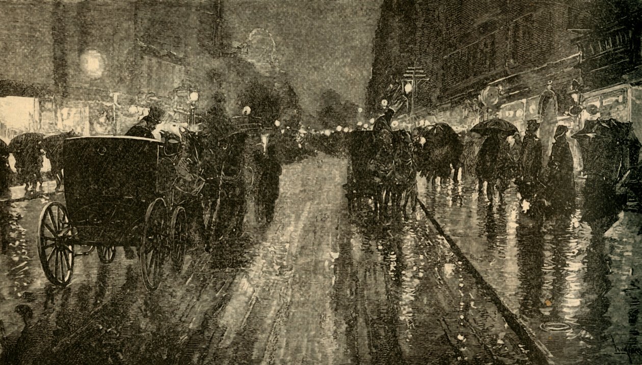 En regnig natt. - Gatan upplyst av elektricitet, 1882. av Unbekannt