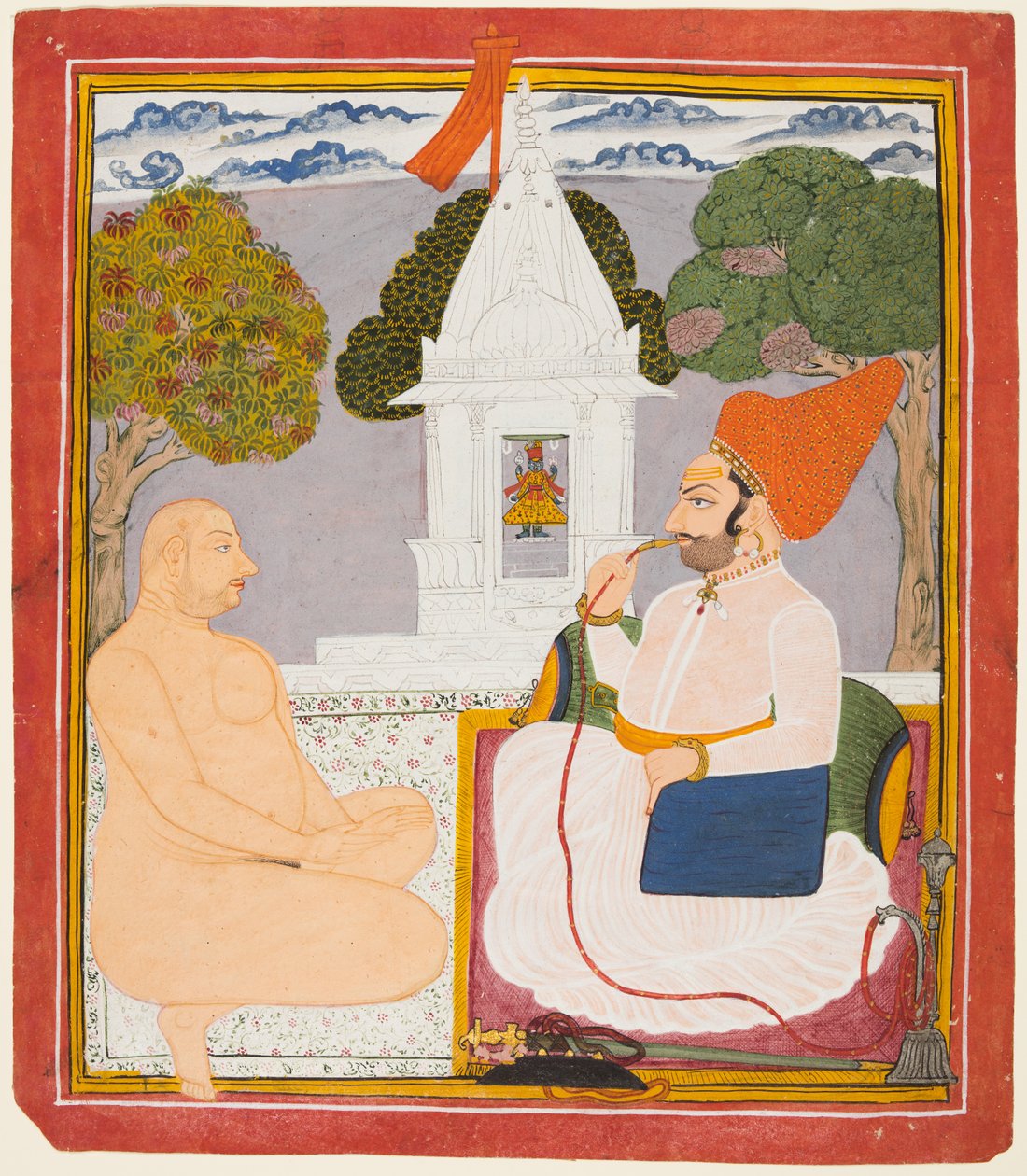 A Rathor Noble besöker en Digambara helig man vid en Vishnu Shrine, förmodligen Baba Atmaram, ca. 1760. av Unbekannt