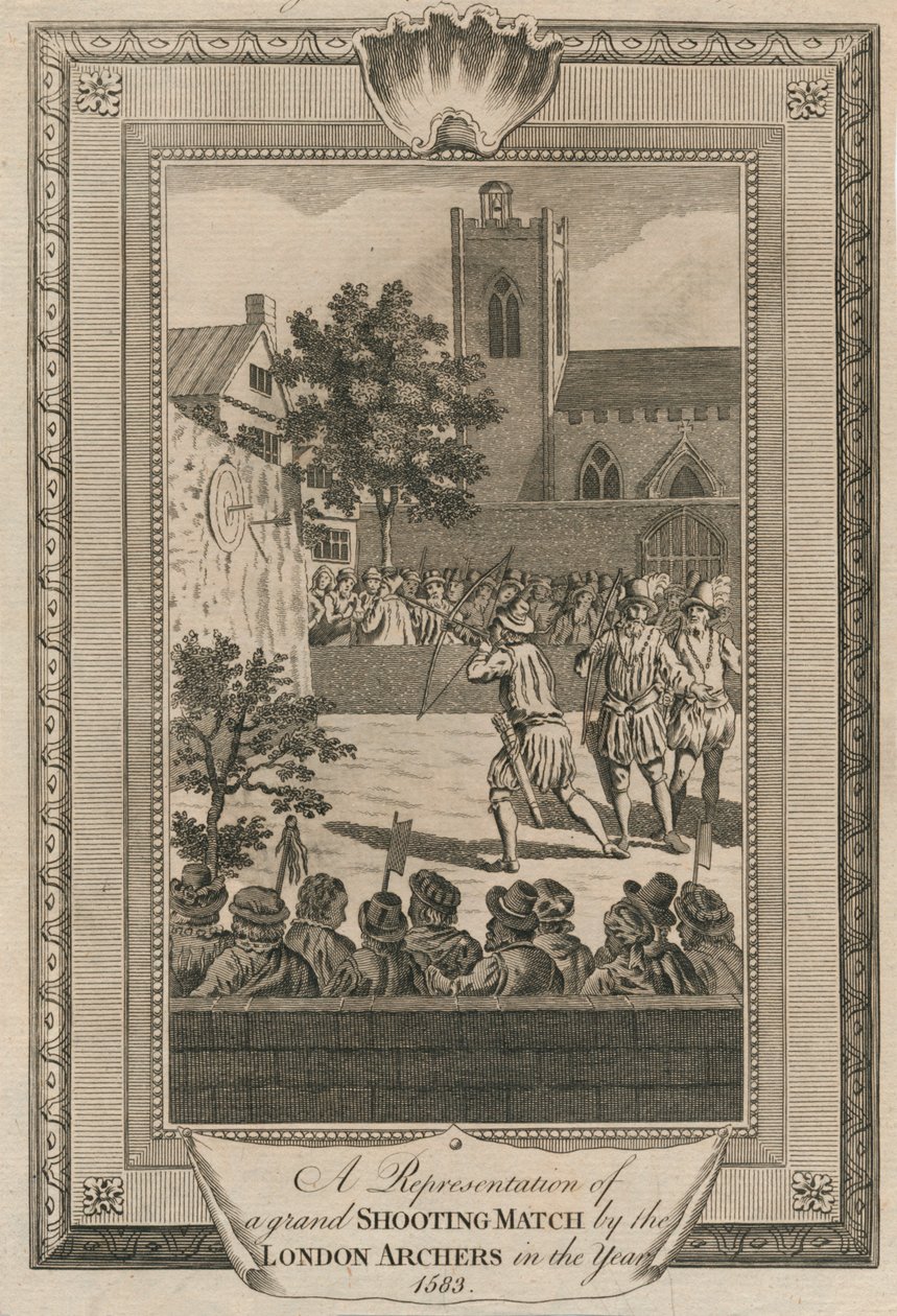 En representation av en storslagen skjutmatch av London Archers år 1583. av Unbekannt