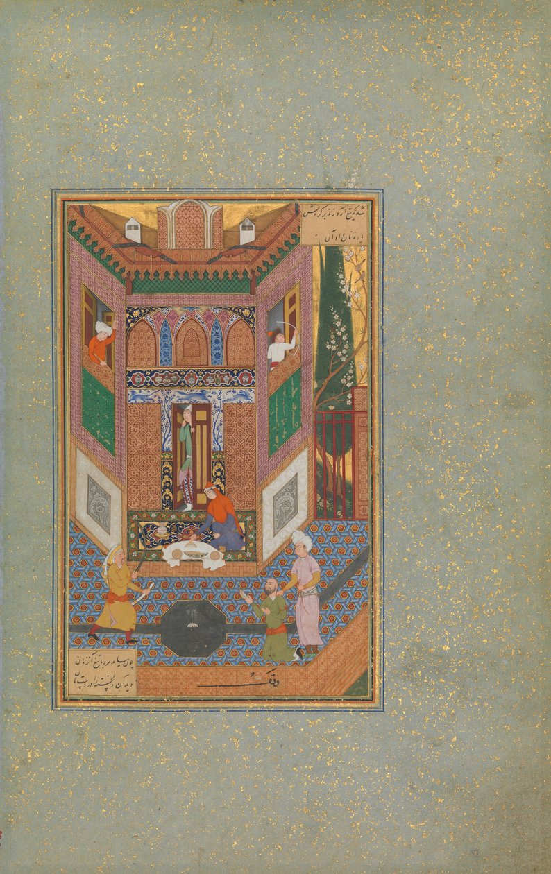 A Ruffian Spares the Life of a Poor Man, Folio 4v från a Mantiq al-tair Language of the Birds, c16 av Unbekannt
