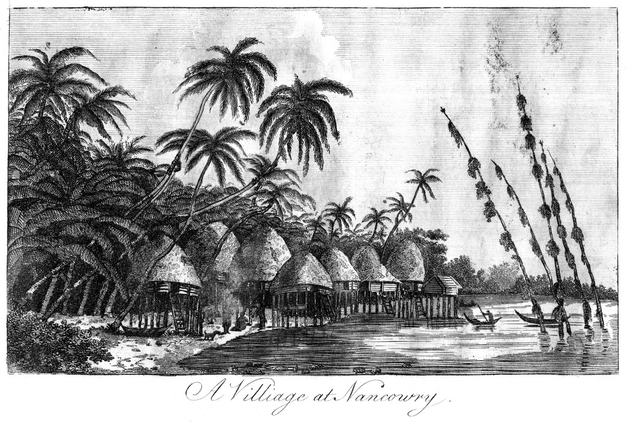 En by i Nancowry, Nicobaröarna, 1799 av Unbekannt