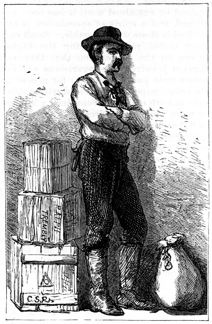 En Wells Fargo-budbärare från deras expressleveranstjänst via Panamanäset, 1875 av Unbekannt