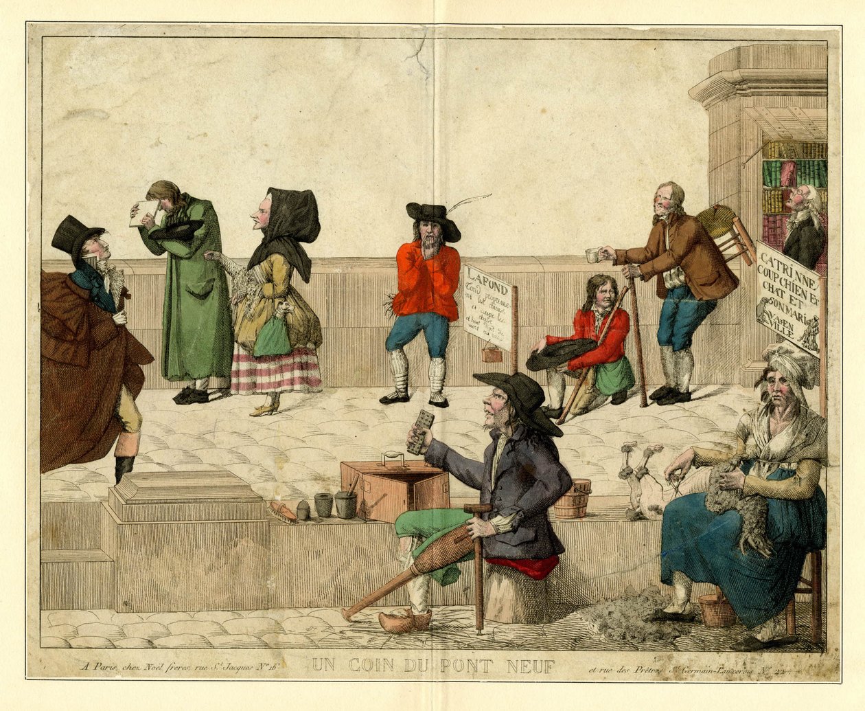 Ett hörn av Pont Neuf, Paris, med lama tiggare och gatuförsäljare, ca 1813. av Unbekannt