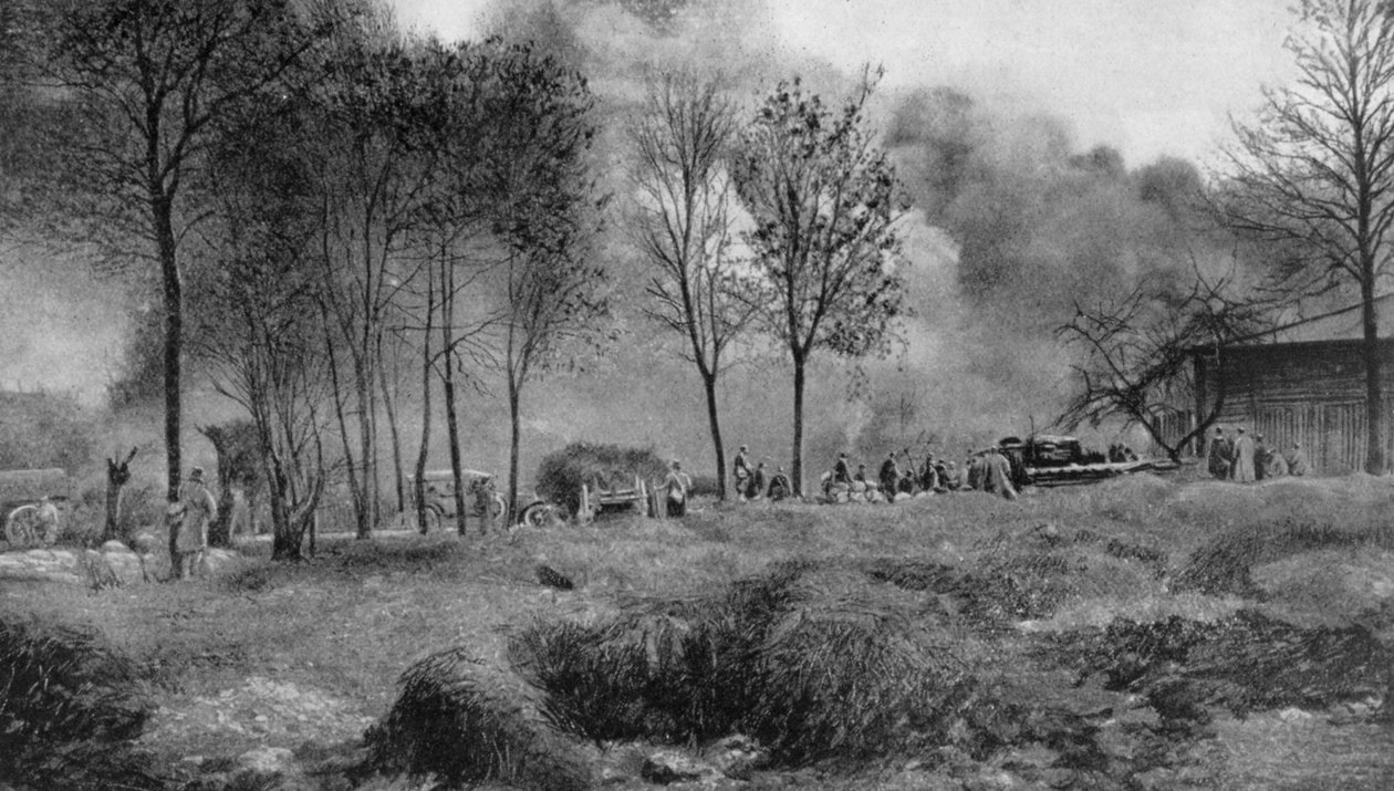En gård i brand från tyska brandbomber, Artois, Frankrike, första världskriget, 1915 av Unbekannt