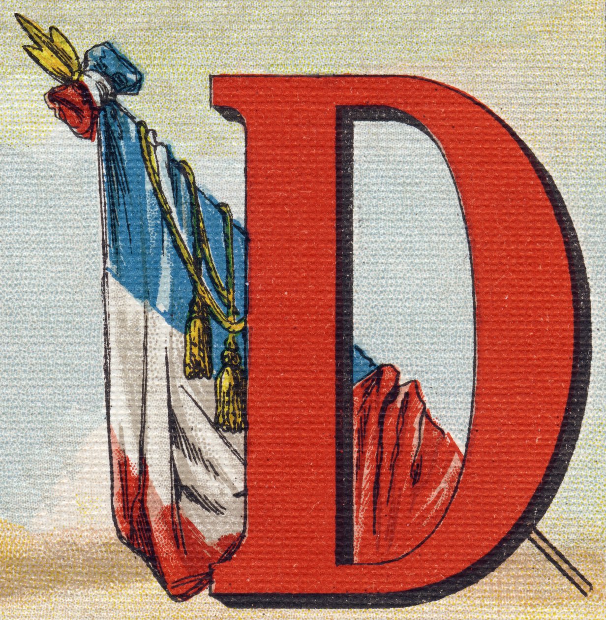 En flagga. Gravyr i "Alphabet de ma petite fille". Bernardin-Bechet och Fils, bokhandlare-förlag, Paris, omkring 1895. Okrossbart album på duk. Bibliotheque des Bebes. 12 sidor. Album innehållande en läsmetod och en illustrativ abecedary. Dim: 2 av Unbekannt
