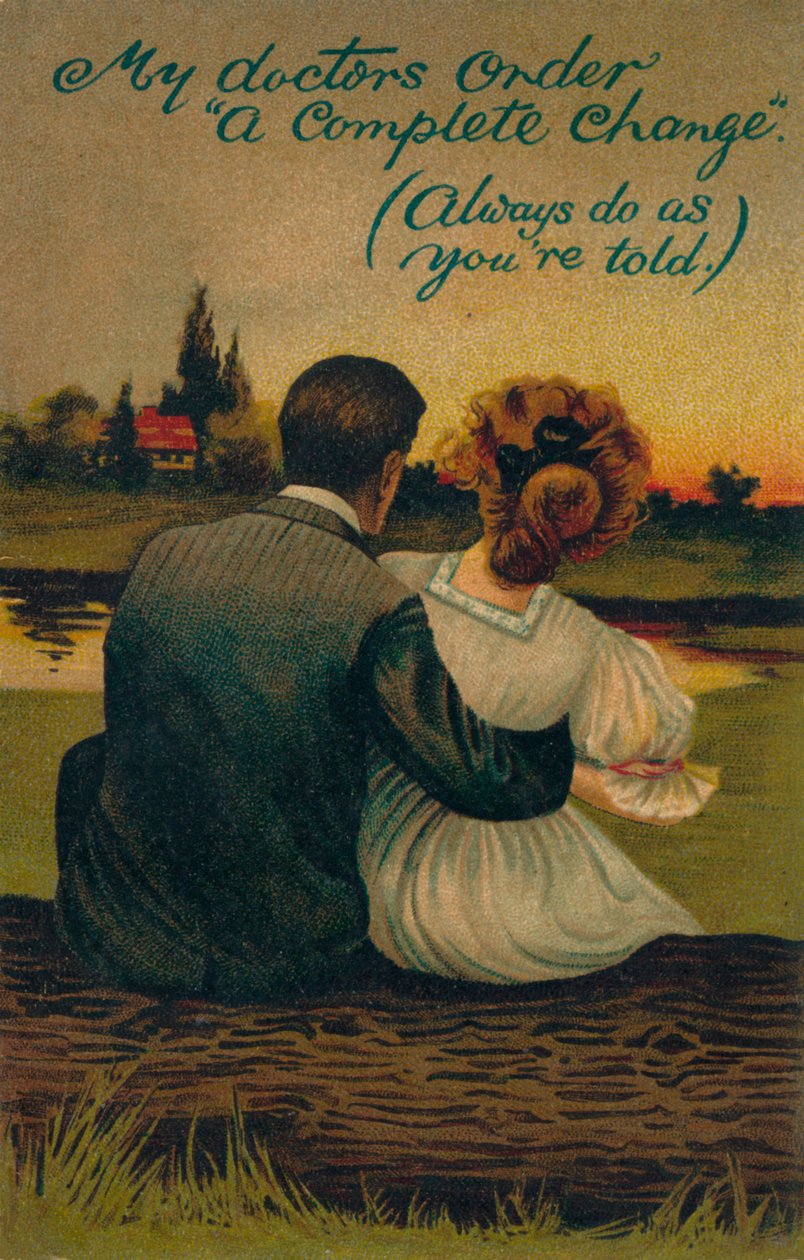 Ett humoristiskt vykort föreställande ett uppvaktande par, 1908 av Unbekannt
