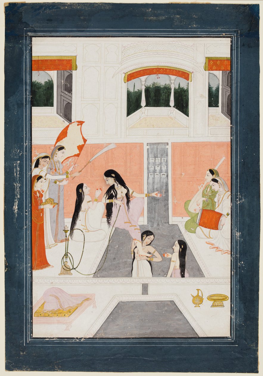En dam vid hennes toalett lyssnar på musik vid sidan av en vattenkaskad i ett palats, ca. 1780. av Unbekannt