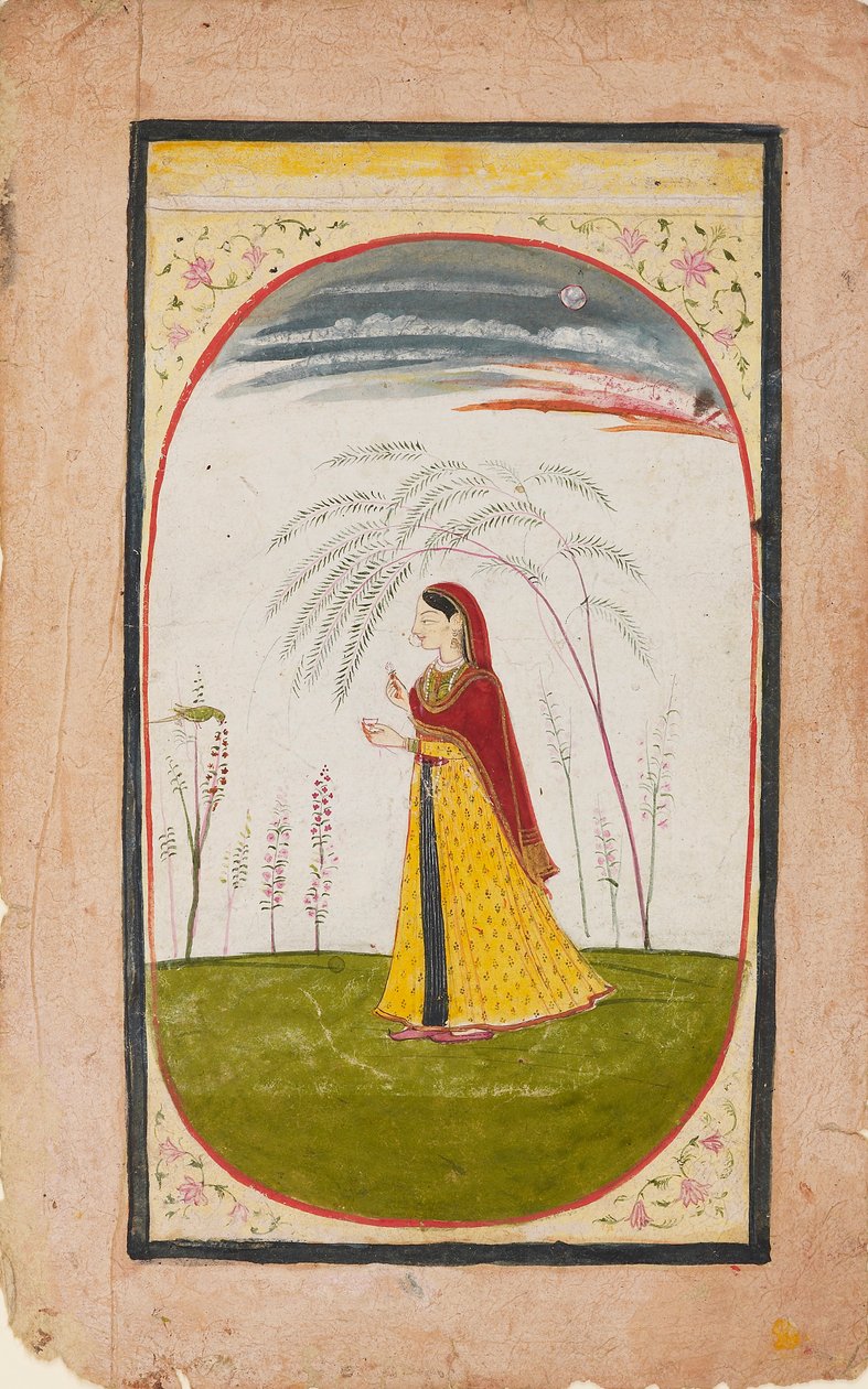 En dam i ett glest landskap, med blomma och kopp, tidigt 1800-tal av Unbekannt