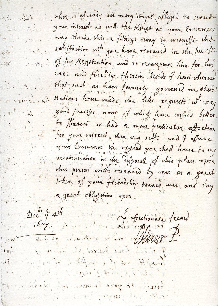 Ett brev av Oliver Cromwell till kardinal Mazarin, 4 december 1657, 1899 av Unbekannt