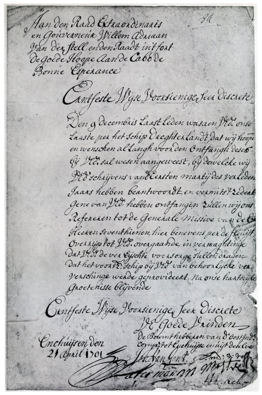 Ett brev från Holländska Ostindiska kompaniet till Willem Adriaan van der Stel, 1700-talet 1931 av Unbekannt