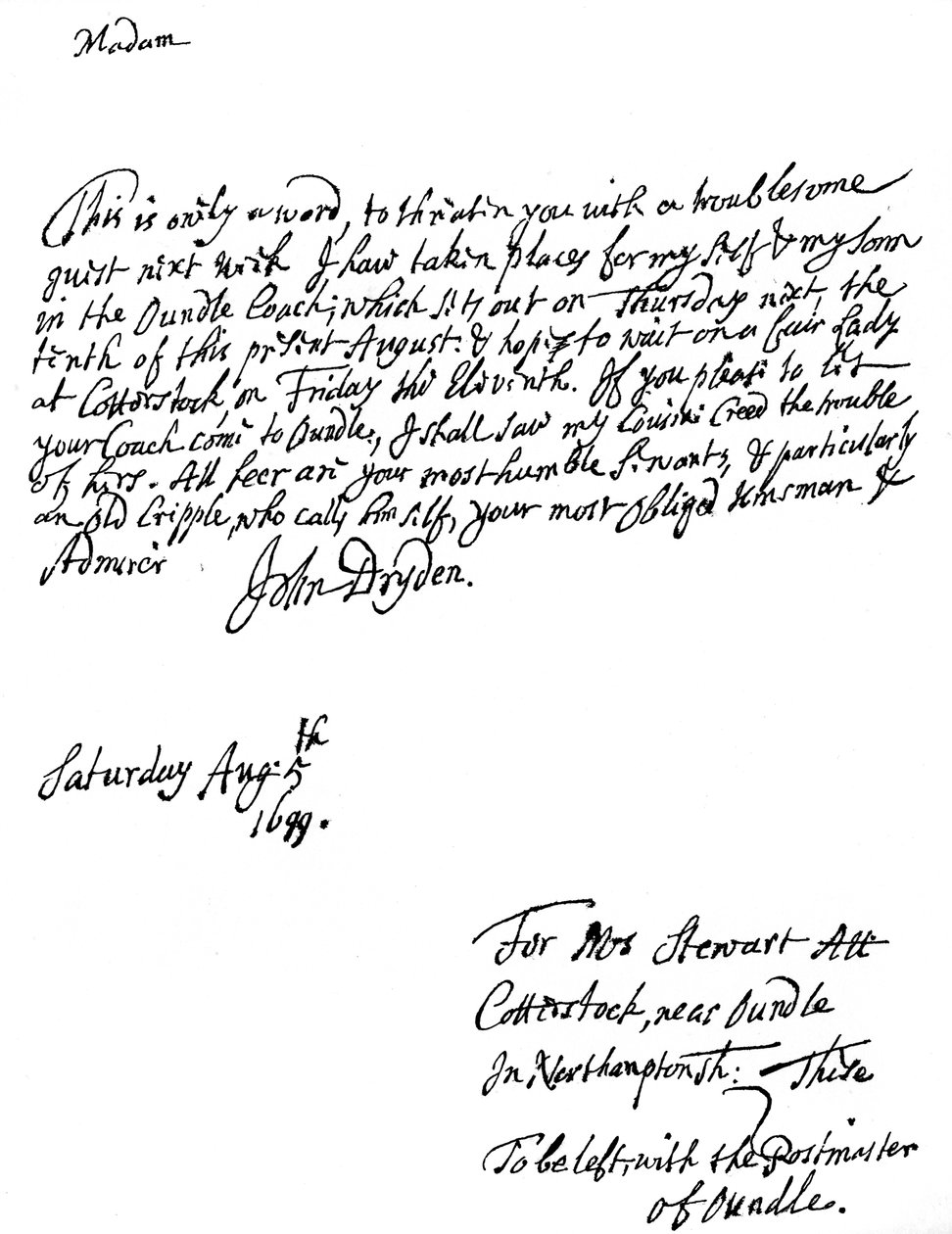 Ett brev skrivet av John Dryden 1631-12700, engelsk poet, 1699 1840 av Unbekannt
