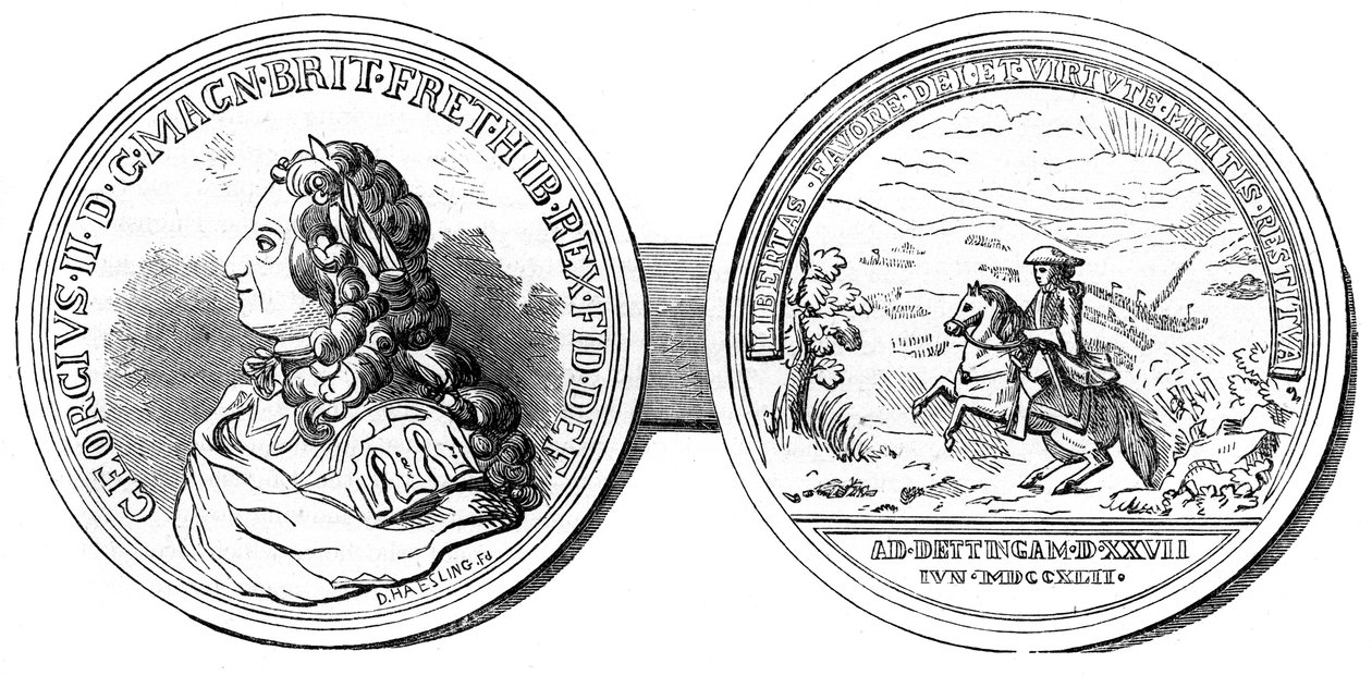 En medalj slagen för att fira slaget vid Dettingen, 1743 1800-talet av Unbekannt