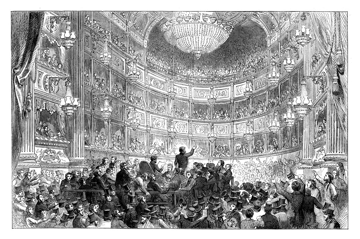 Ett möte för Anti-Corn Law League i Drury Lane Theatre, London, 1838 c1895 av Unbekannt