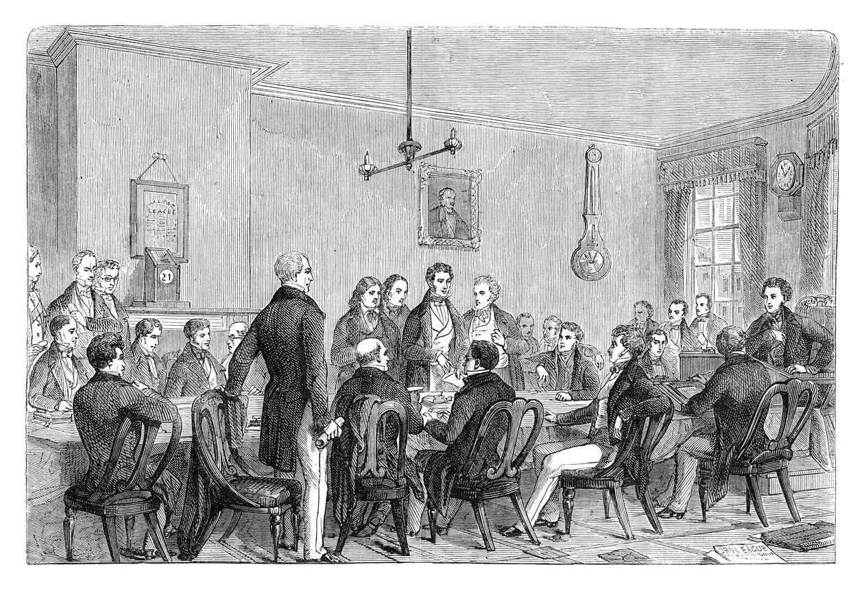 Ett möte för Anti-Corn Law League i Newalls Building, Manchester, 1838 c1895 av Unbekannt