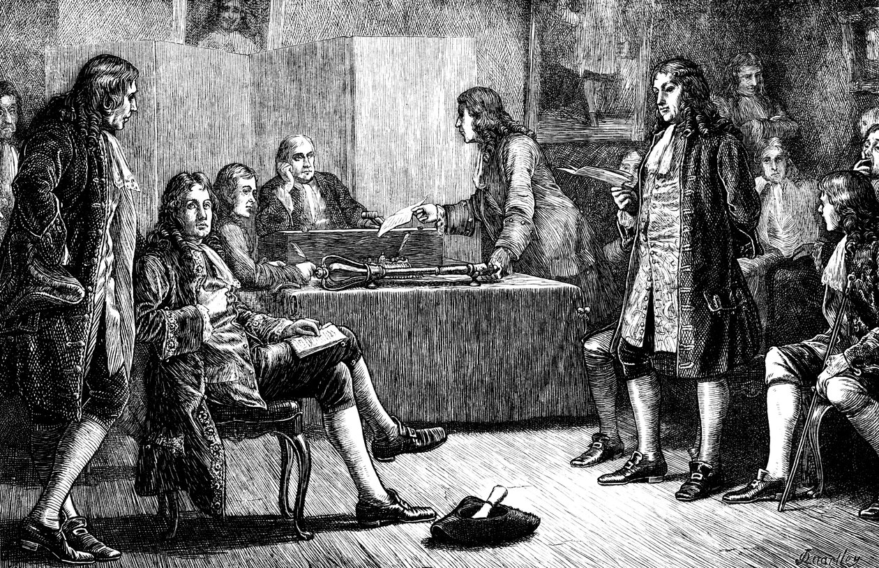 Ett möte för Royal Society i Crane Court, Fleet Street, London, 1700-talet c1880 av Unbekannt