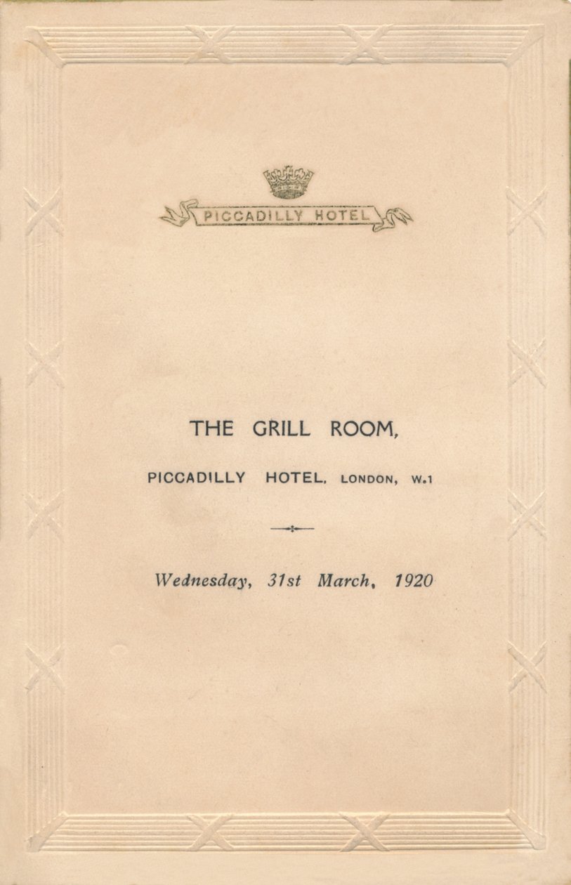 En meny för The Grill Room på Piccadilly Hotel, London, 1920 av Unbekannt