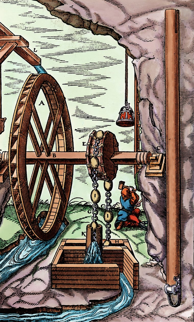 En gruva som dräneras av en tras-och-kedjepump som drivs av ett överskjutet vattenhjul, 1556 av Unbekannt