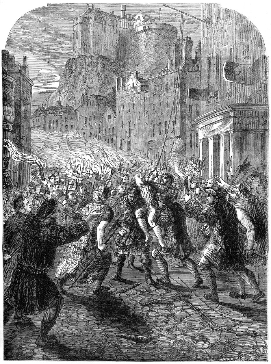 En pöbel som bär kapten John Porteous till hans avrättning, Edinburgh, 1736 1800-talet av Unbekannt