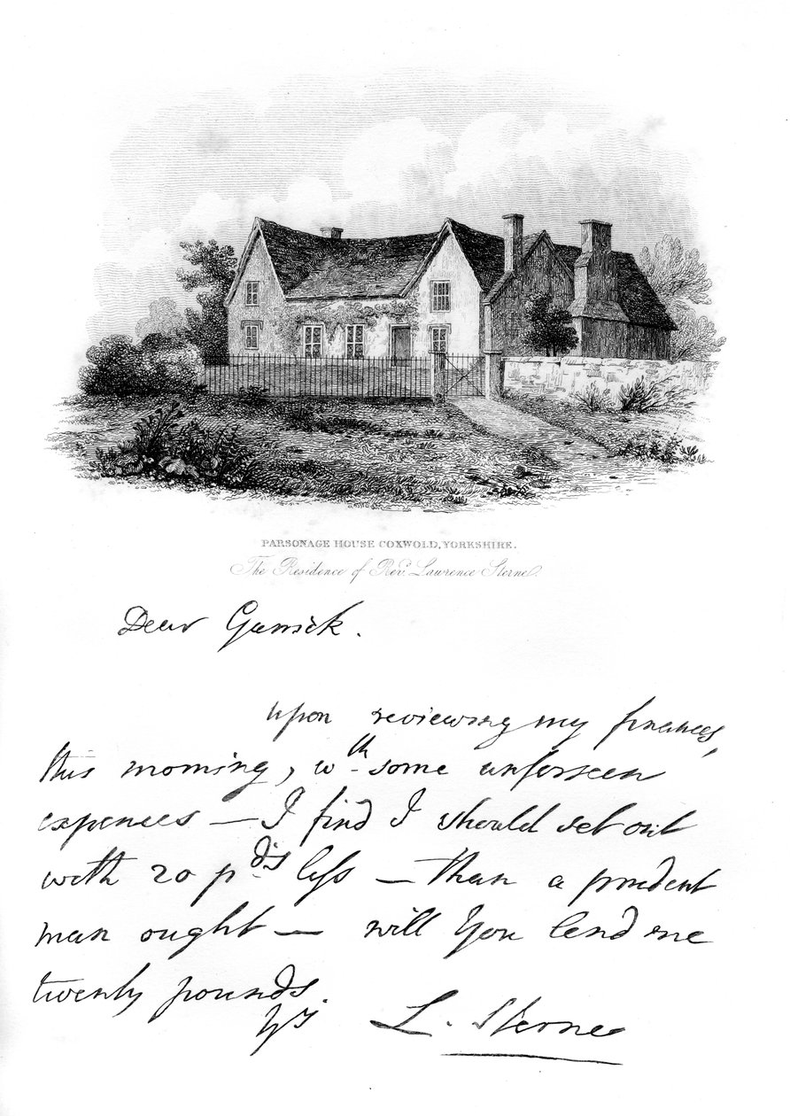 En anteckning från Sterne till Garrick, och en utsikt över Sternes hus i Yorkshire, 1700-talet, 1840 av Unbekannt