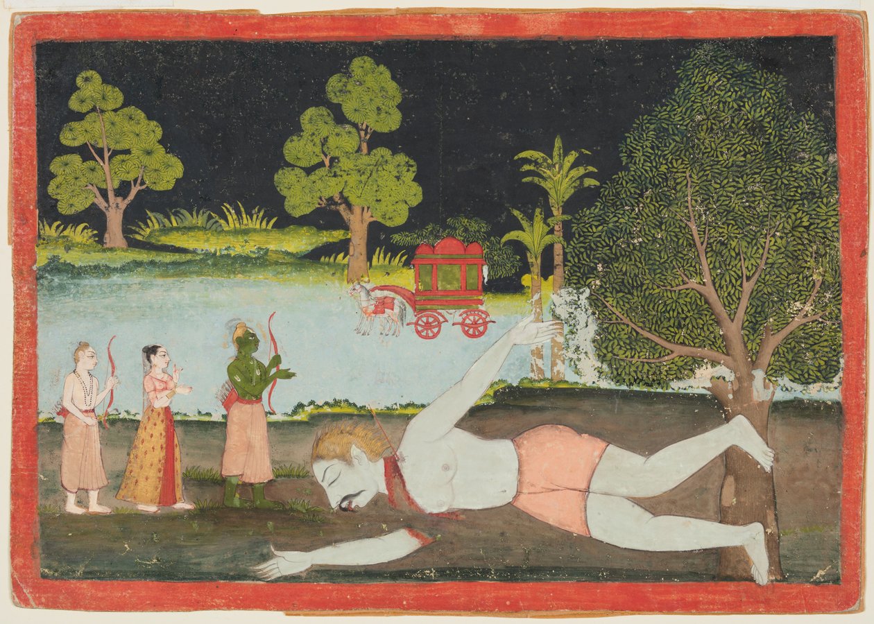 En sida från en Ramayana: Rama, Lakshman och Sita före en dödad jätte, ca. 1770. av Unbekannt