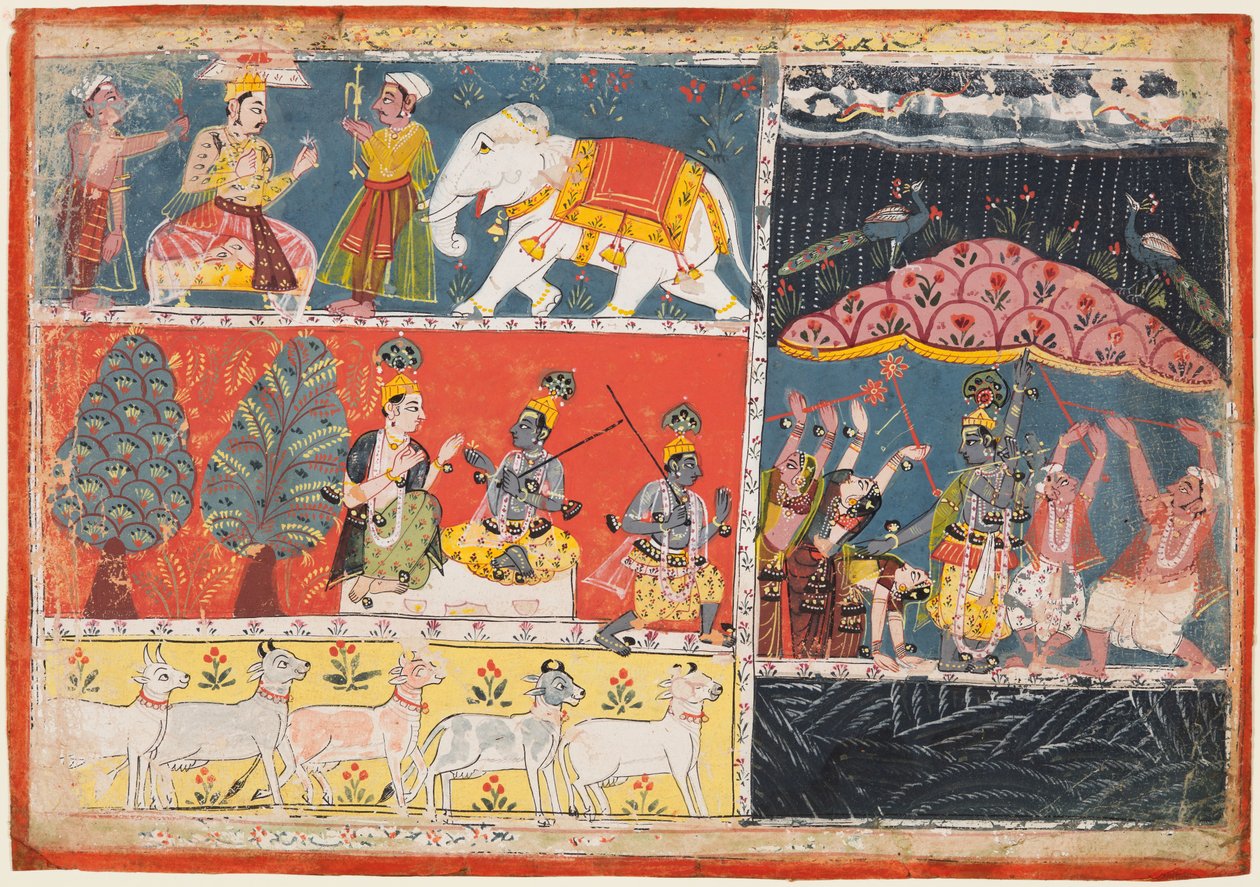 En sida från Bhagavata Purana: Indra sänder en ström av regn, Krishna lyfter berget Govardhana, 1686. av Unbekannt