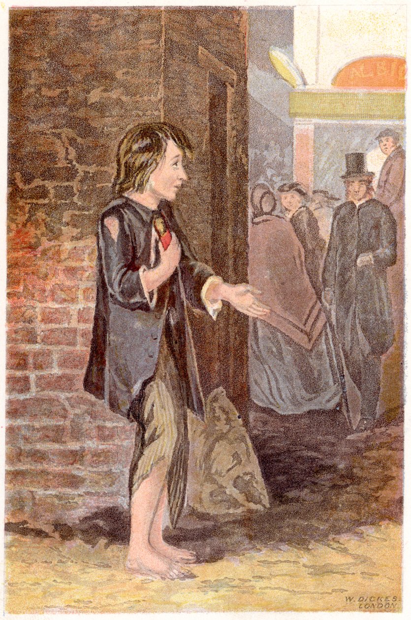 En fattig pojke, skolös och i trasor, tiggeri i ett gathörn, c1880 av Unbekannt