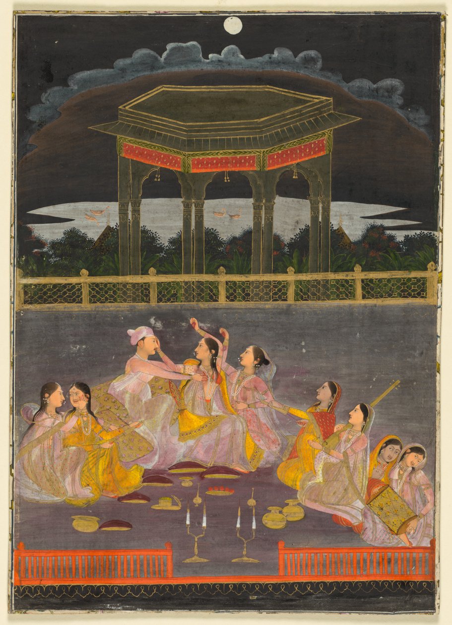 En prins som firar Holi med palatskvinnor på en terrass på natten, ca. 1760. av Unbekannt