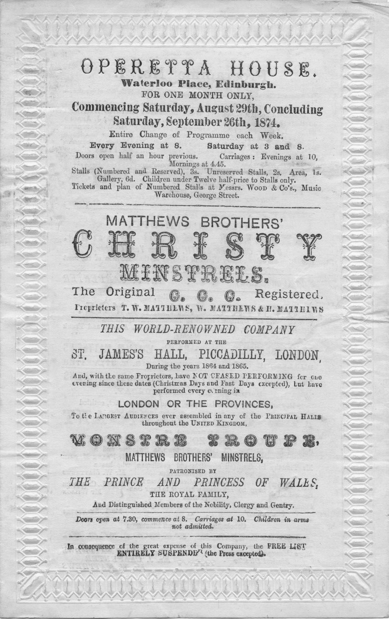 Ett program med evenemang som ska arrangeras i Operetthuset, Waterloo Place, Edinburgh, 1874 av Unbekannt