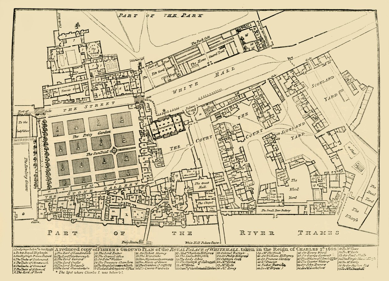 En förminskad kopia av Fishers Ground Plan of the Royal Palace of Whitehall, 1680, 1881. av Unbekannt