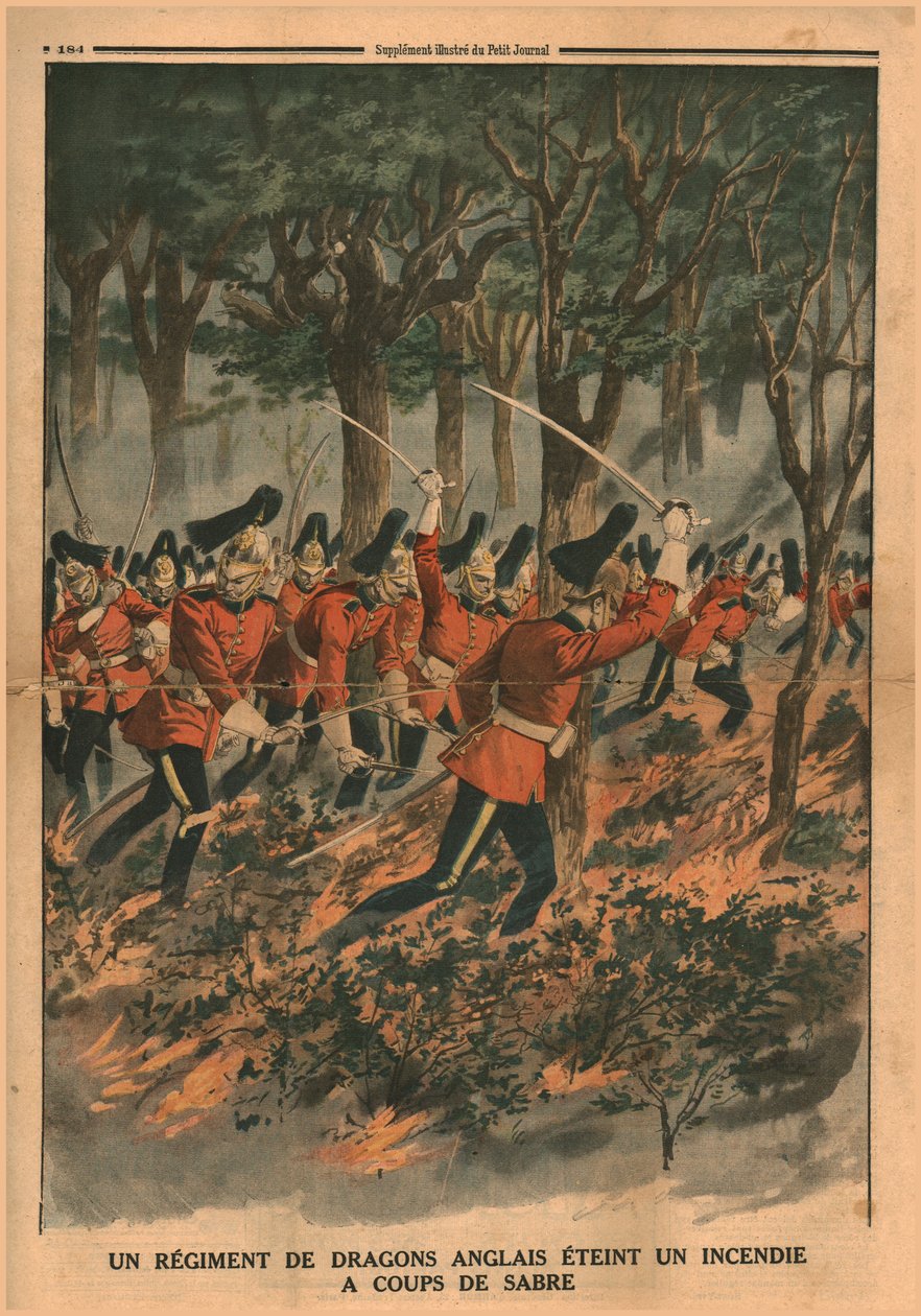 Ett regemente engelska drakar släcker en brand med sabelslag, 1914. av Unbekannt