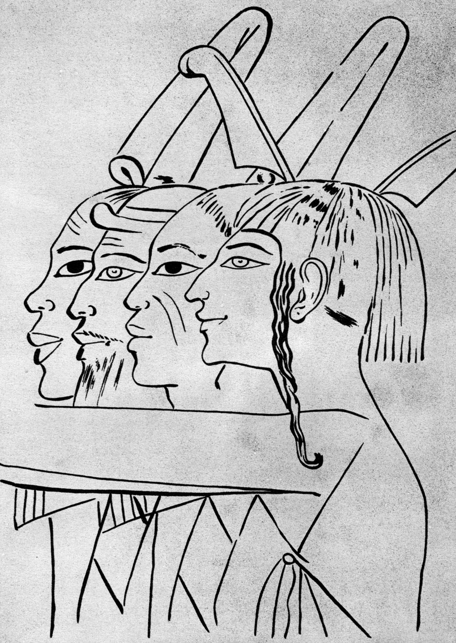 En skiss av afrikanska och asiatiska män från kung Seti I:s grav, Thebe, Egypten, 1936 av Unbekannt
