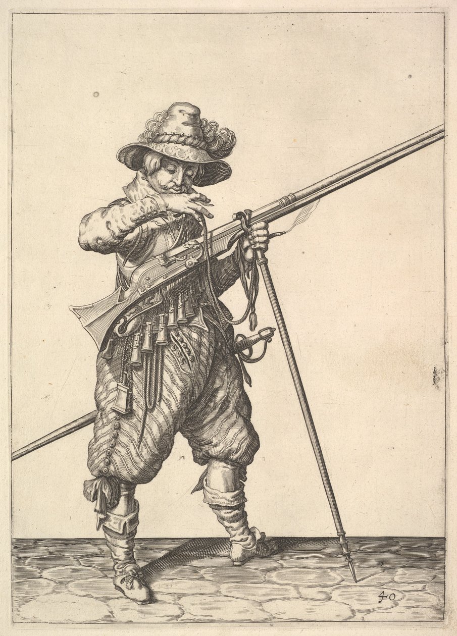 En soldat som blåser på en tändsticka, från Musketeers-serien, tallrik 40, i Wapenhandelinghe van Ro.... av Unbekannt