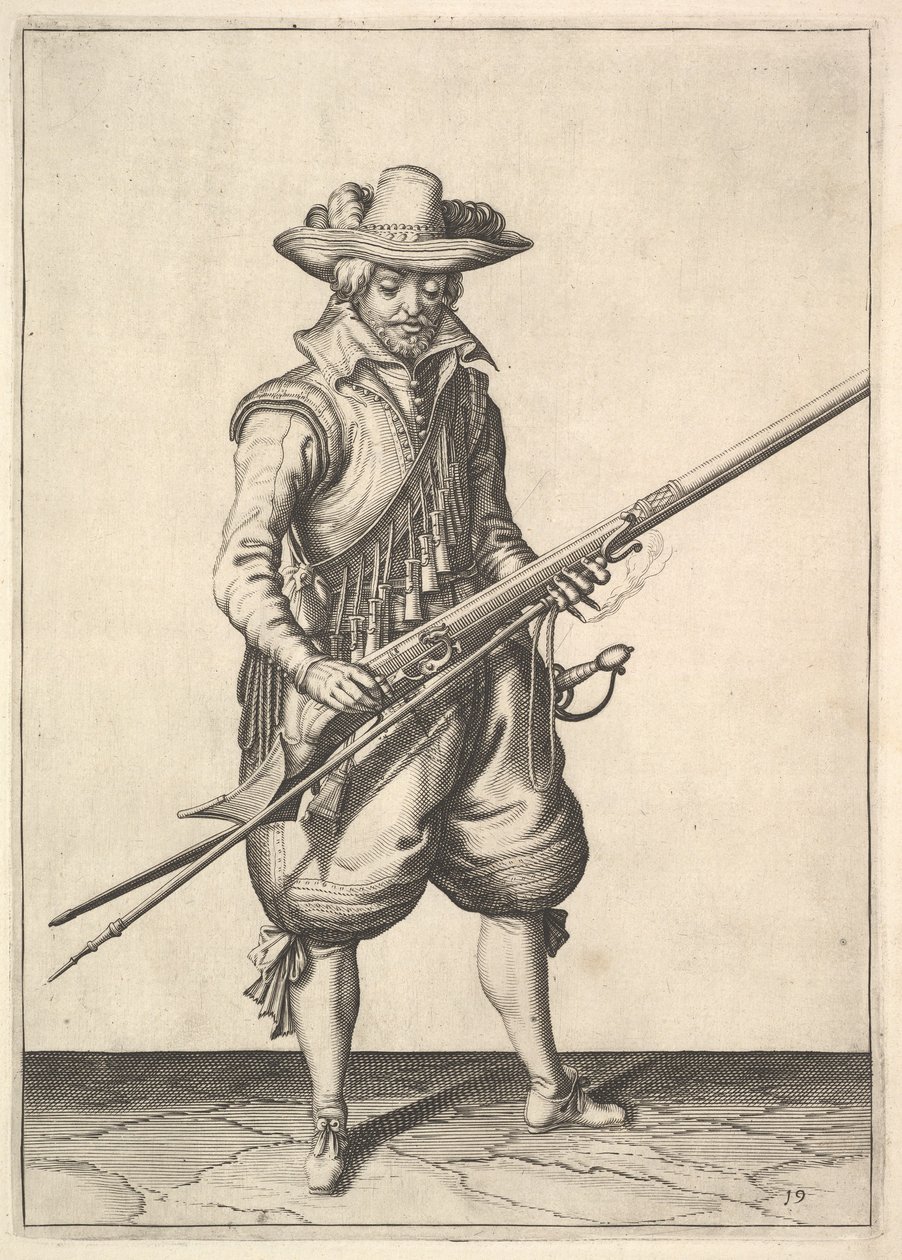 En soldat som skakar pulvret från toppen av pannan, från Musketeers-serien, tallrik 19, i.... av Unbekannt