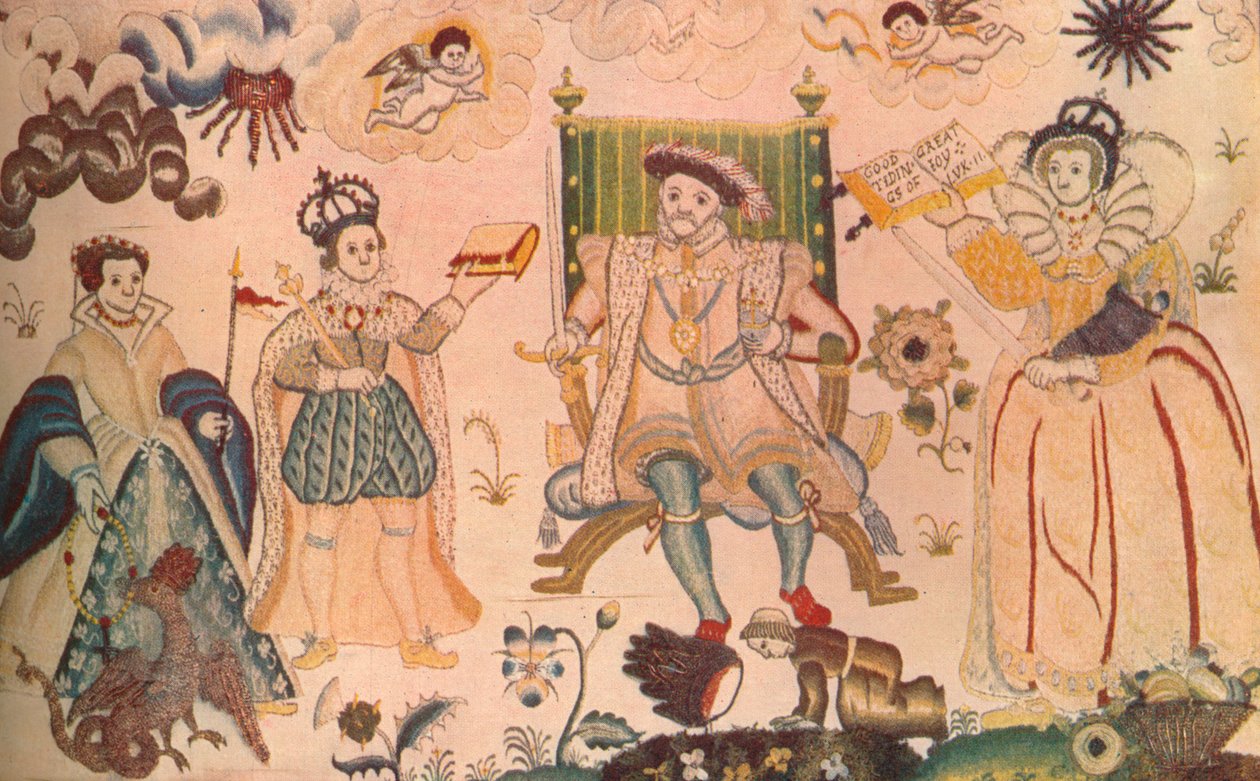 En gobeläng med Henrik VIII, Edward VI och Elizabeth I. Trodde vara Elizabethan, 1914 av Unbekannt