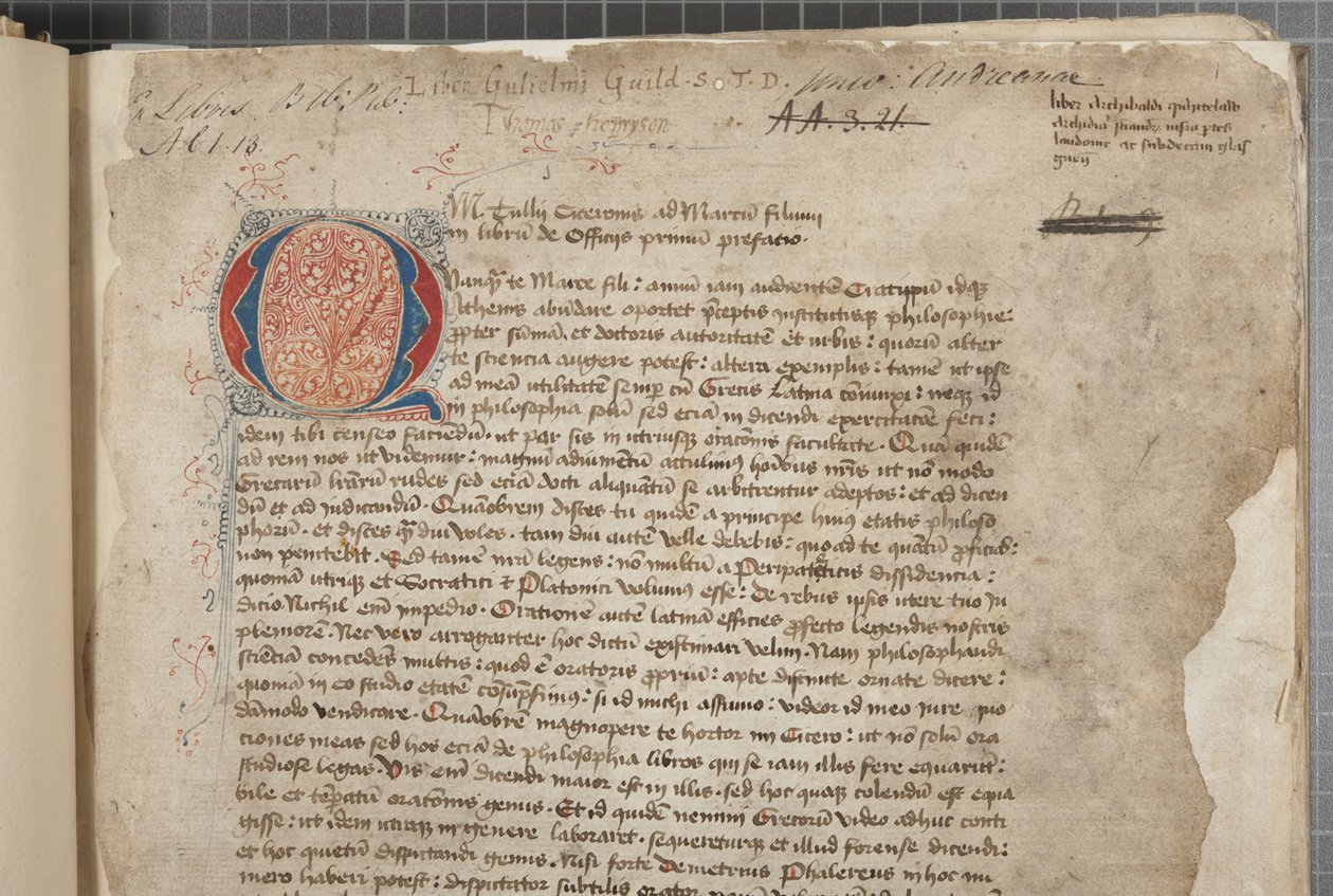 En avskrift, i tre händer, av Marcus Tullius Ciceros filosofiska verk som till synes hämtade från editio romana från 1471, med marginalia i handen av Archibald Whitelaw och andra, ca 1480 (bläck på pergament) av Unbekannt