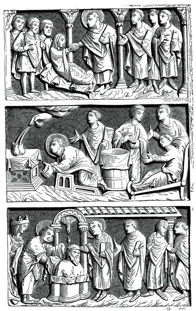 En triptyk över det helande arbetet av St Remy, biskop av Reims, 1000-talet 1870 av Unbekannt