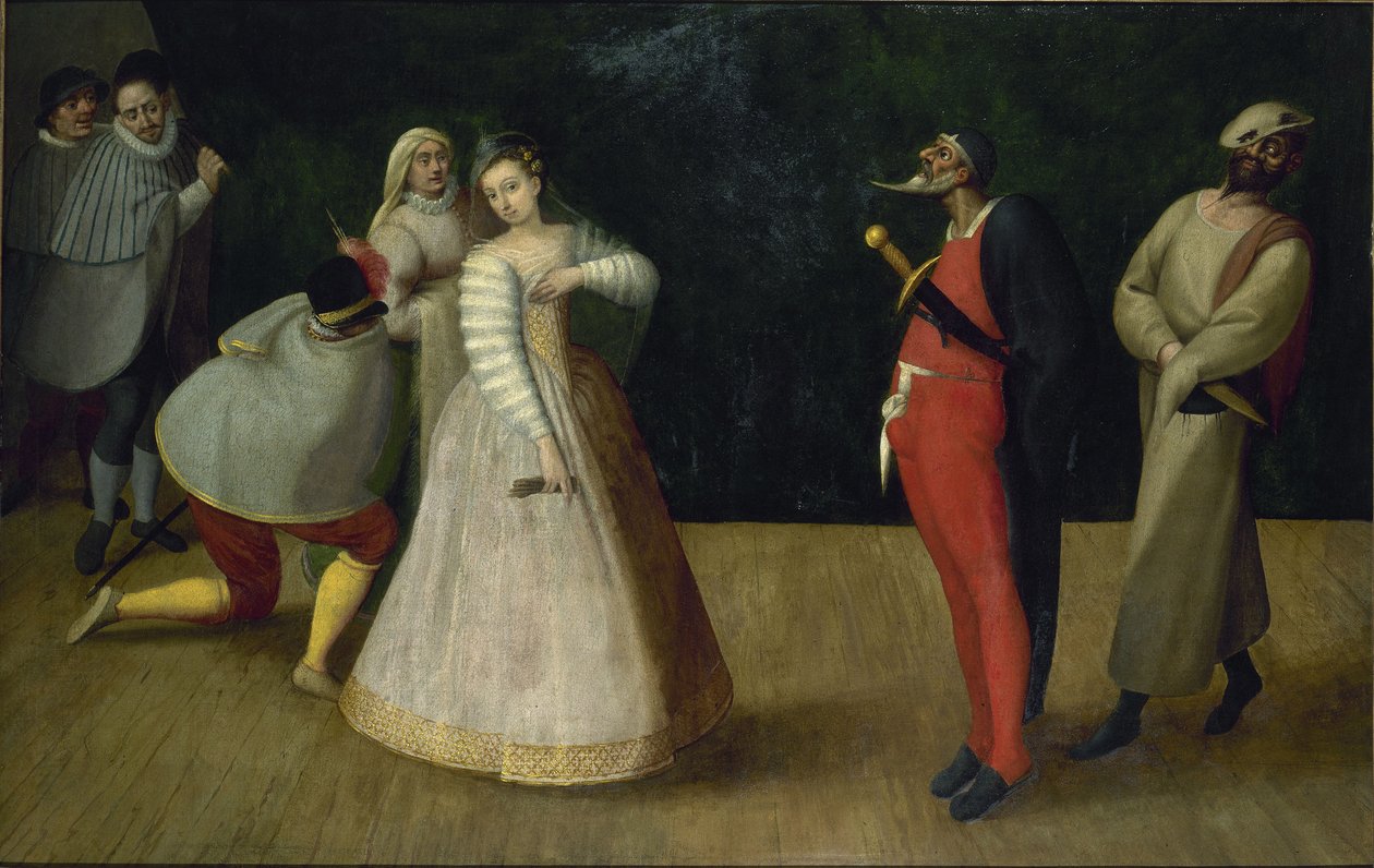 En trupp italienska komiker I Gelosi, ca. 1580. av Unbekannt