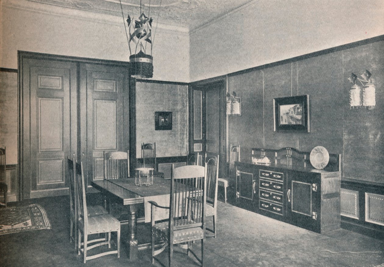 En vy av en matsal i en lägenhet i Berlin, designad av M. H. Baillie Scott, c1909. av Unbekannt