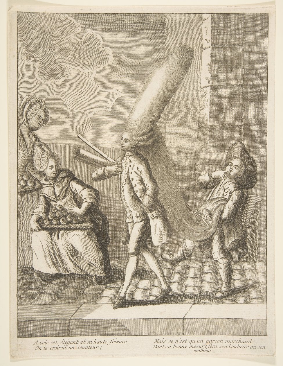 Att se hans eleganta det och hans höga lockar, Man skulle kunna tro att han var en senator, men han är bara en..., 1720-75. av Unbekannt