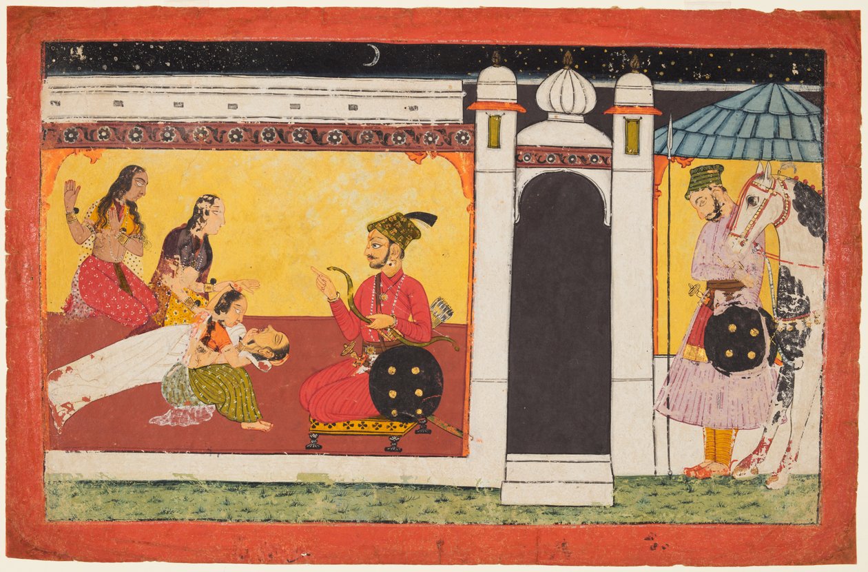 En kvinna svimmar inför en prins, en nattscen från en Madhavanala Kamakandala-serie, ca. 1700. av Unbekannt