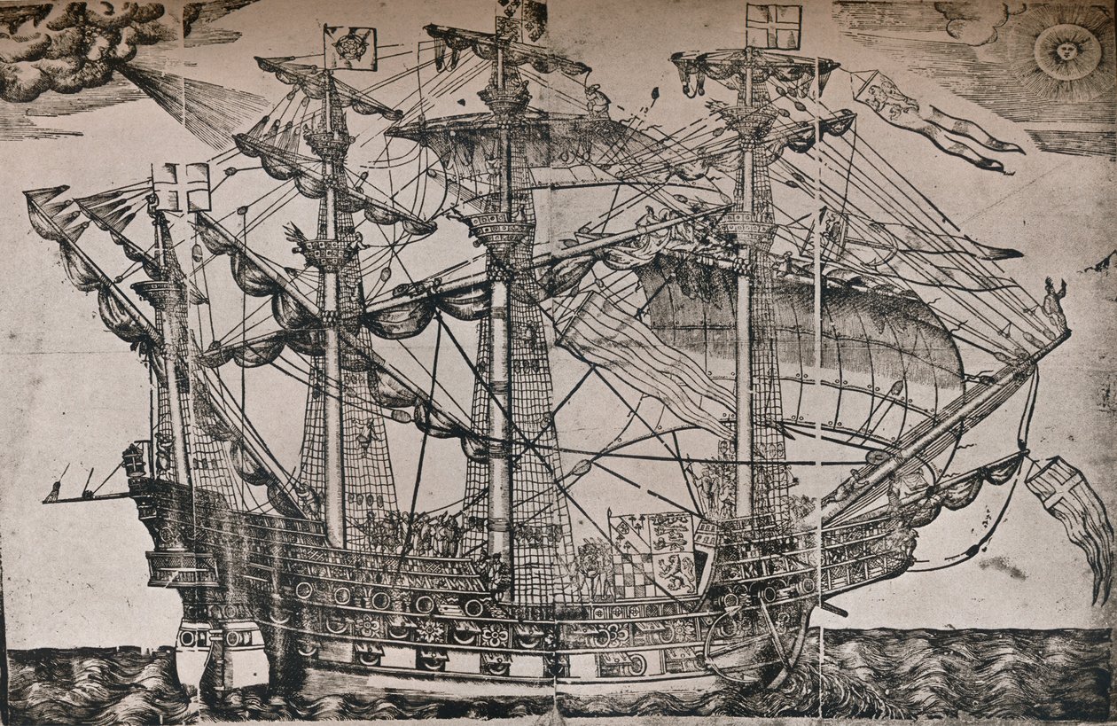 Ett träsnitt av ett skepp som tros vara The Ark Royal, c1587 av Unbekannt